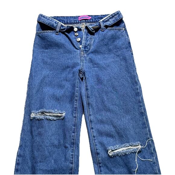 Edikted Foldover Waist Button Fly Denim Jeans Distressed XS Juniors - Picture 4 of 7